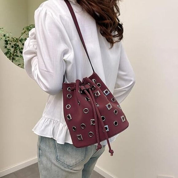 Neiman Marcus Wine Red Studded Purse Mini PU Leather Shoulder Bag - Picture 2 of 3